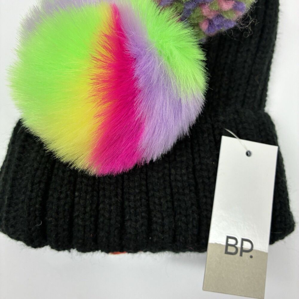 NWT BP Pom Beanie Black Winter Hat 3 Interchangeable Poms Nordstrom Gift - Picture 2 of 5